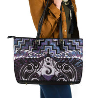 New Zealand Maori Leather Tote Bag Poutama Pikorua Purple Paua Shell LT05 - Polynesian Pride
