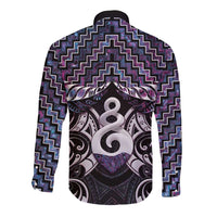 New Zealand Maori Long Sleeve Button Shirt Poutama Pikorua Purple Paua Shell LT05 - Polynesian Pride