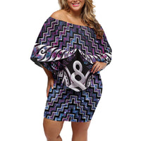 New Zealand Maori Off Shoulder Short Dress Poutama Pikorua Purple Paua Shell LT05 Women Purple - Polynesian Pride