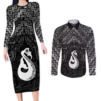 New Zealand Maori Couples Matching Long Sleeve Bodycon Dress and Long Sleeve Button Shirt Poutama Manaia Black Paua Shell LT05 Black - Polynesian Pride