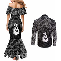 New Zealand Maori Couples Matching Mermaid Dress and Long Sleeve Button Shirt Poutama Manaia Black Paua Shell LT05 - Polynesian Pride