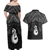 New Zealand Maori Couples Matching Off Shoulder Maxi Dress and Hawaiian Shirt Poutama Manaia Black Paua Shell LT05 - Polynesian Pride