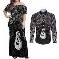 New Zealand Maori Couples Matching Off Shoulder Maxi Dress and Long Sleeve Button Shirt Poutama Manaia Black Paua Shell LT05 Black - Polynesian Pride
