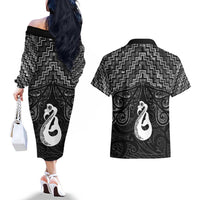 New Zealand Maori Couples Matching Off The Shoulder Long Sleeve Dress and Hawaiian Shirt Poutama Manaia Black Paua Shell LT05 - Polynesian Pride