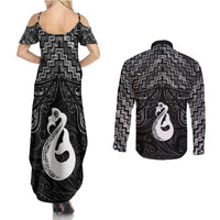 New Zealand Maori Couples Matching Summer Maxi Dress and Long Sleeve Button Shirt Poutama Manaia Black Paua Shell LT05 - Polynesian Pride