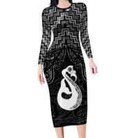New Zealand Maori Family Matching Long Sleeve Bodycon Dress and Hawaiian Shirt Poutama Manaia Black Paua Shell LT05 Mom's Dress Black - Polynesian Pride