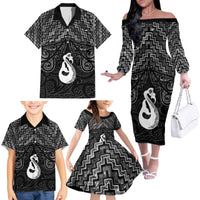 New Zealand Maori Family Matching Off The Shoulder Long Sleeve Dress and Hawaiian Shirt Poutama Manaia Black Paua Shell LT05 - Polynesian Pride