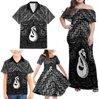 New Zealand Maori Family Matching Off Shoulder Maxi Dress and Hawaiian Shirt Poutama Manaia Black Paua Shell LT05 - Polynesian Pride