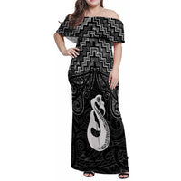 New Zealand Maori Family Matching Off Shoulder Maxi Dress and Hawaiian Shirt Poutama Manaia Black Paua Shell LT05 Mom's Dress Black - Polynesian Pride