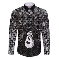 New Zealand Maori Family Matching Off Shoulder Short Dress and Hawaiian Shirt Poutama Manaia Black Paua Shell LT05 Dad's Shirt - Long Sleeve Black - Polynesian Pride