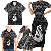 New Zealand Maori Family Matching Short Sleeve Bodycon Dress and Hawaiian Shirt Poutama Manaia Black Paua Shell LT05 - Polynesian Pride