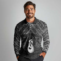 New Zealand Maori Long Sleeve Polo Shirt Poutama Manaia Black Paua Shell LT05 - Polynesian Pride