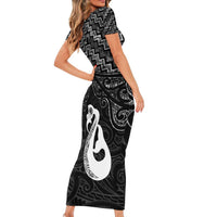 New Zealand Maori Short Sleeve Bodycon Dress Poutama Manaia Black Paua Shell LT05 - Polynesian Pride
