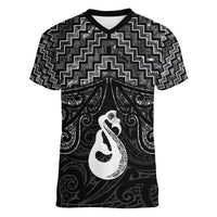 New Zealand Maori Women V-Neck T-Shirt Poutama Manaia Black Paua Shell LT05 Female Black - Polynesian Pride