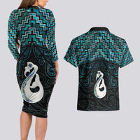New Zealand Maori Couples Matching Long Sleeve Bodycon Dress and Hawaiian Shirt Poutama Manaia Turquoise Paua Shell LT05 - Polynesian Pride