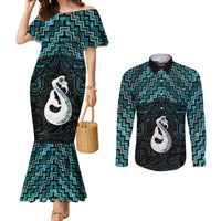 New Zealand Maori Couples Matching Mermaid Dress and Long Sleeve Button Shirt Poutama Manaia Turquoise Paua Shell LT05 Turquoise - Polynesian Pride