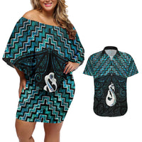 New Zealand Maori Couples Matching Off Shoulder Short Dress and Hawaiian Shirt Poutama Manaia Turquoise Paua Shell LT05 Turquoise - Polynesian Pride