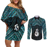 New Zealand Maori Couples Matching Off Shoulder Short Dress and Long Sleeve Button Shirt Poutama Manaia Turquoise Paua Shell LT05 Turquoise - Polynesian Pride