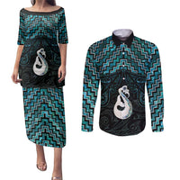 New Zealand Maori Couples Matching Puletasi and Long Sleeve Button Shirt Poutama Manaia Turquoise Paua Shell LT05 Turquoise - Polynesian Pride
