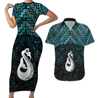 New Zealand Maori Couples Matching Short Sleeve Bodycon Dress and Hawaiian Shirt Poutama Manaia Turquoise Paua Shell LT05 Turquoise - Polynesian Pride