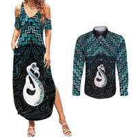 New Zealand Maori Couples Matching Summer Maxi Dress and Long Sleeve Button Shirt Poutama Manaia Turquoise Paua Shell LT05 Turquoise - Polynesian Pride