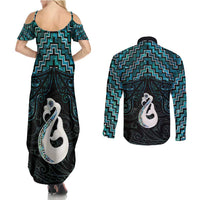 New Zealand Maori Couples Matching Summer Maxi Dress and Long Sleeve Button Shirt Poutama Manaia Turquoise Paua Shell LT05 - Polynesian Pride