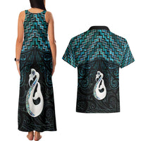 New Zealand Maori Couples Matching Tank Maxi Dress and Hawaiian Shirt Poutama Manaia Turquoise Paua Shell LT05 - Polynesian Pride
