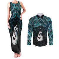 New Zealand Maori Couples Matching Tank Maxi Dress and Long Sleeve Button Shirt Poutama Manaia Turquoise Paua Shell LT05 Turquoise - Polynesian Pride