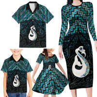 New Zealand Maori Family Matching Long Sleeve Bodycon Dress and Hawaiian Shirt Poutama Manaia Turquoise Paua Shell LT05 - Polynesian Pride