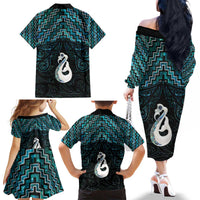 New Zealand Maori Family Matching Off The Shoulder Long Sleeve Dress and Hawaiian Shirt Poutama Manaia Turquoise Paua Shell LT05 - Polynesian Pride
