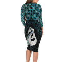 New Zealand Maori Long Sleeve Bodycon Dress Poutama Manaia Turquoise Paua Shell LT05 - Polynesian Pride