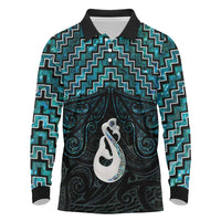 New Zealand Maori Long Sleeve Polo Shirt Poutama Manaia Turquoise Paua Shell LT05 Turquoise - Polynesian Pride