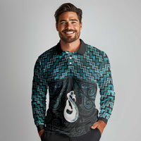 New Zealand Maori Long Sleeve Polo Shirt Poutama Manaia Turquoise Paua Shell LT05 - Polynesian Pride