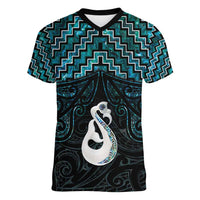 New Zealand Maori Women V-Neck T-Shirt Poutama Manaia Turquoise Paua Shell LT05 Female Turquoise - Polynesian Pride