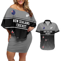 Custom New Zealand Cricket Couples Matching Off Shoulder Short Dress and Hawaiian Shirt Black Cap Unbeatable LT05 Black - Polynesian Pride