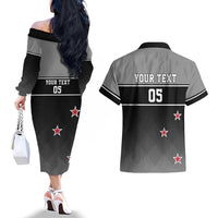 Custom New Zealand Cricket Couples Matching Off The Shoulder Long Sleeve Dress and Hawaiian Shirt Black Cap Unbeatable LT05 - Polynesian Pride
