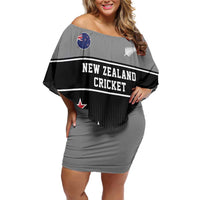 Custom New Zealand Cricket Family Matching Off Shoulder Short Dress and Hawaiian Shirt Black Cap Unbeatable LT05 Mom's Dress Black - Polynesian Pride