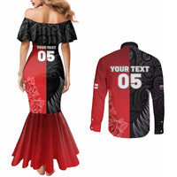 New Zealand And England Rugby Custom Couples Matching Mermaid Dress and Long Sleeve Button Shirt Red Rose Mix Maori Pattern LT05 - Polynesian Pride
