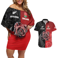 New Zealand And England Rugby Custom Couples Matching Off Shoulder Short Dress and Hawaiian Shirt Red Rose Mix Maori Pattern LT05 Black - Polynesian Pride
