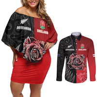 New Zealand And England Rugby Custom Couples Matching Off Shoulder Short Dress and Long Sleeve Button Shirt Red Rose Mix Maori Pattern LT05 Black - Polynesian Pride