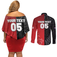 New Zealand And England Rugby Custom Couples Matching Off Shoulder Short Dress and Long Sleeve Button Shirt Red Rose Mix Maori Pattern LT05 - Polynesian Pride