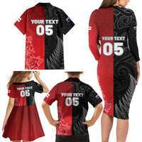New Zealand And England Rugby Custom Family Matching Long Sleeve Bodycon Dress and Hawaiian Shirt Red Rose Mix Maori Pattern LT05 - Polynesian Pride