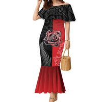 New Zealand And England Rugby Custom Family Matching Mermaid Dress and Hawaiian Shirt Red Rose Mix Maori Pattern LT05 Mom's Dress Black - Polynesian Pride