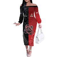 New Zealand And England Rugby Custom Family Matching Off The Shoulder Long Sleeve Dress and Hawaiian Shirt Red Rose Mix Maori Pattern LT05 Mom's Dress Black - Polynesian Pride