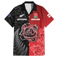 New Zealand And England Rugby Custom Family Matching Off Shoulder Maxi Dress and Hawaiian Shirt Red Rose Mix Maori Pattern LT05 Dad's Shirt - Short Sleeve Black - Polynesian Pride