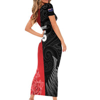 New Zealand And England Rugby Custom Family Matching Short Sleeve Bodycon Dress and Hawaiian Shirt Red Rose Mix Maori Pattern LT05 - Polynesian Pride