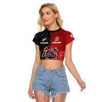 New Zealand And England Rugby Custom Raglan Cropped T Shirt Red Rose Mix Maori Pattern - Polynesian Pride