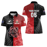 New Zealand And England Rugby Custom Women Polo Shirt Red Rose Mix Maori Pattern LT05 - Polynesian Pride