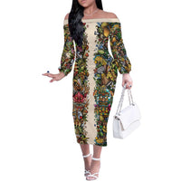 Hawaii And Japan Family Matching Off The Shoulder Long Sleeve Dress and Hawaiian Shirt Tiki With Oni Mask LT05 Mom's Dress Colorful - Polynesian Pride