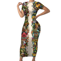 Hawaii And Japan Family Matching Short Sleeve Bodycon Dress and Hawaiian Shirt Tiki With Oni Mask LT05 Mom's Dress Colorful - Polynesian Pride